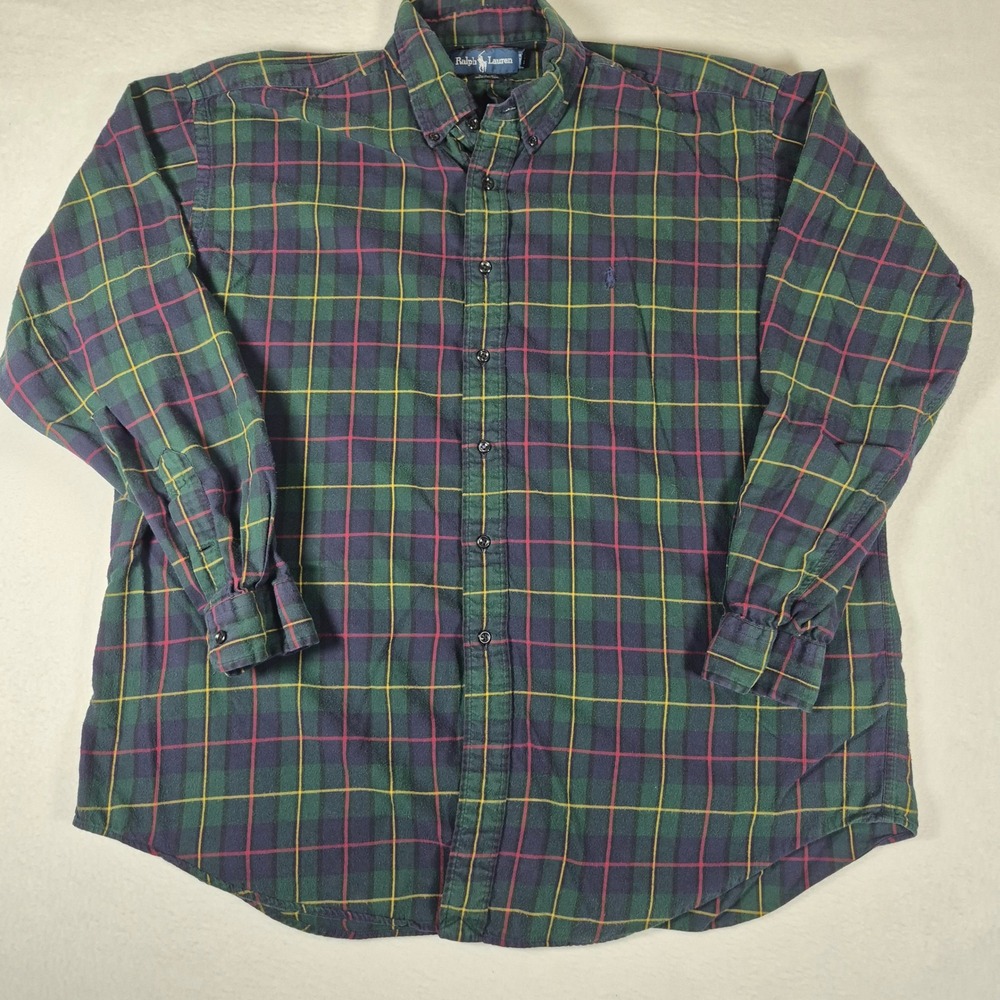 Ralph Lauren Button Down Shirt Men's XL Green Plaid Blake 100% Cotton